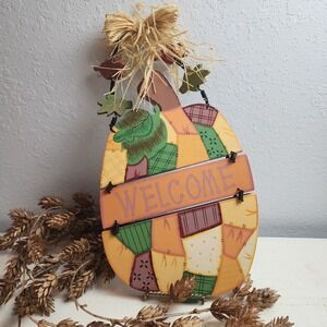 90's Quilted Pumpkin Welcome Sign Fall Autumn Decor Hanging Raffia Bow Patchwork